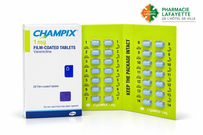 Boîte de CHAMPIX 1 mg indiquant 28 comprimés pelliculés, avec une plaquette-calendrier ouverte.